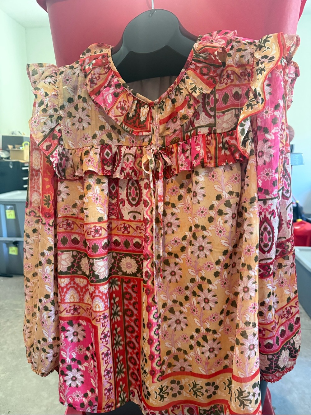 Boho Ruffle Floral Print Blouse - Pink & Tan p82